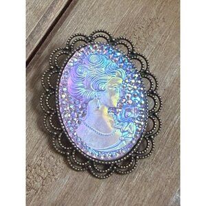 Vintage-Inspired Iridescent Cameo Brooch With Ornate Brass Frame